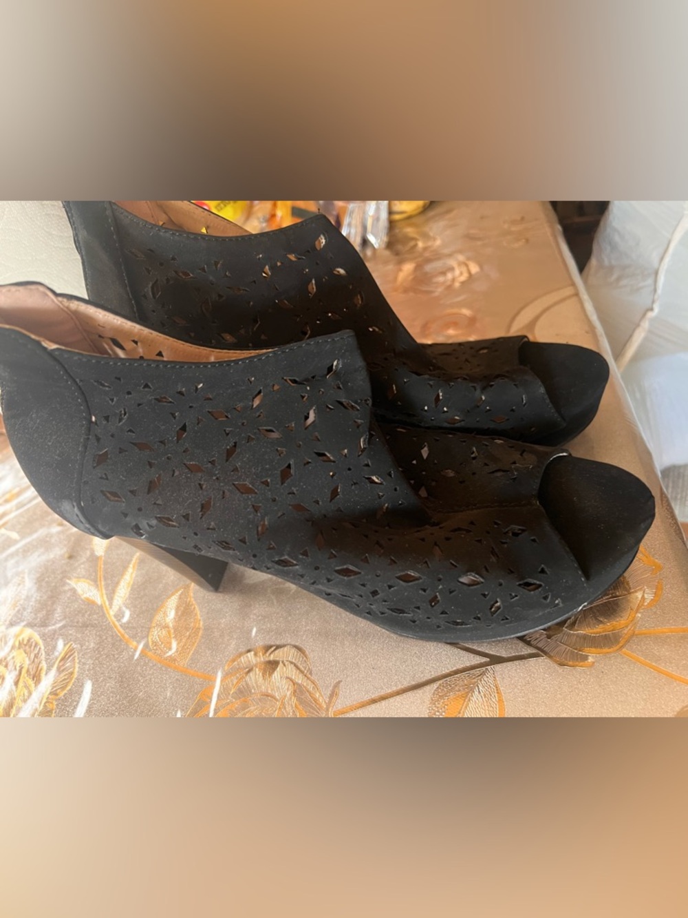 Black Laser-Cut Peep-Toe Booties - Women's